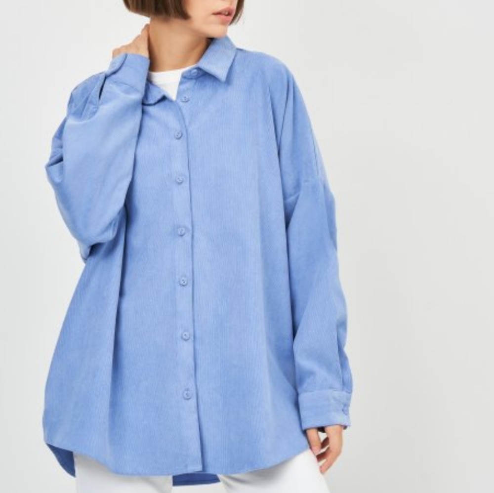 Zara Corduroy Over Shirt Womens Large Blue Button Front Long Sleeve Oversize